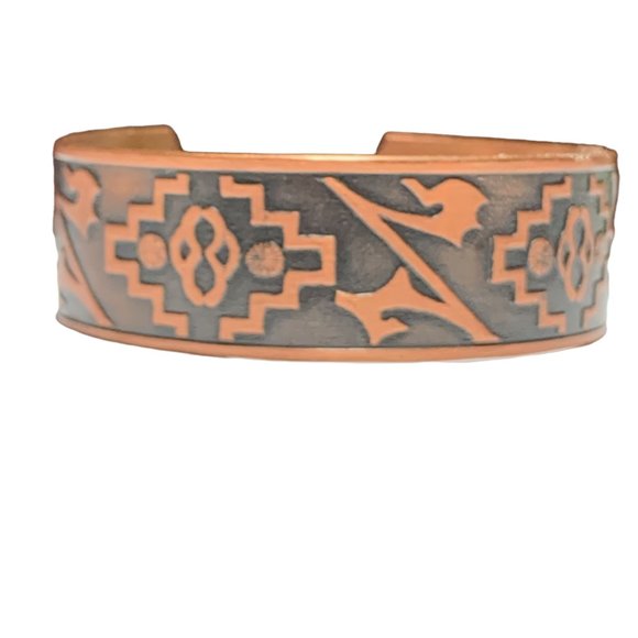 Vintage WHEELER Mfg Co WM Copper‎ South Western Themed Etched Cuff Bracelet - Picture 4 of 9